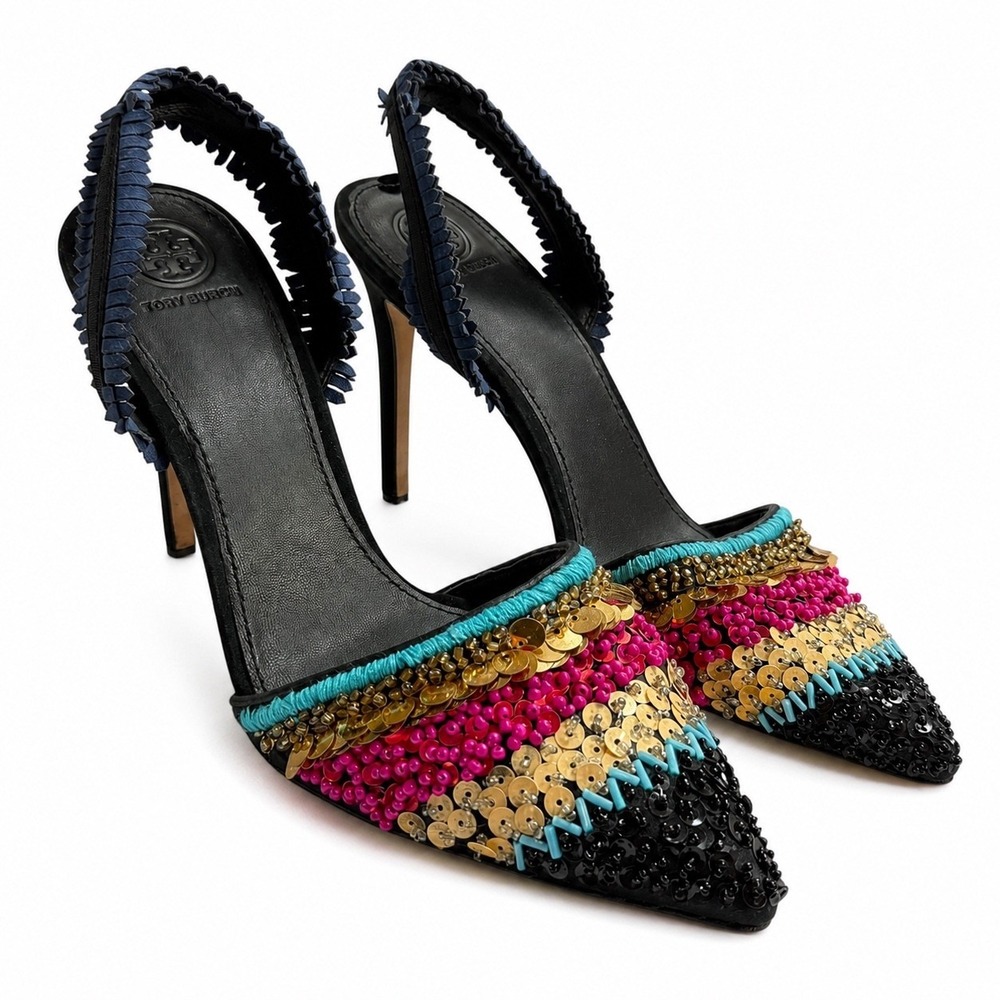 Tory Burch Beaded Sequin Slingback Pumps Black Multi Color Pointed Toe Heels 9M